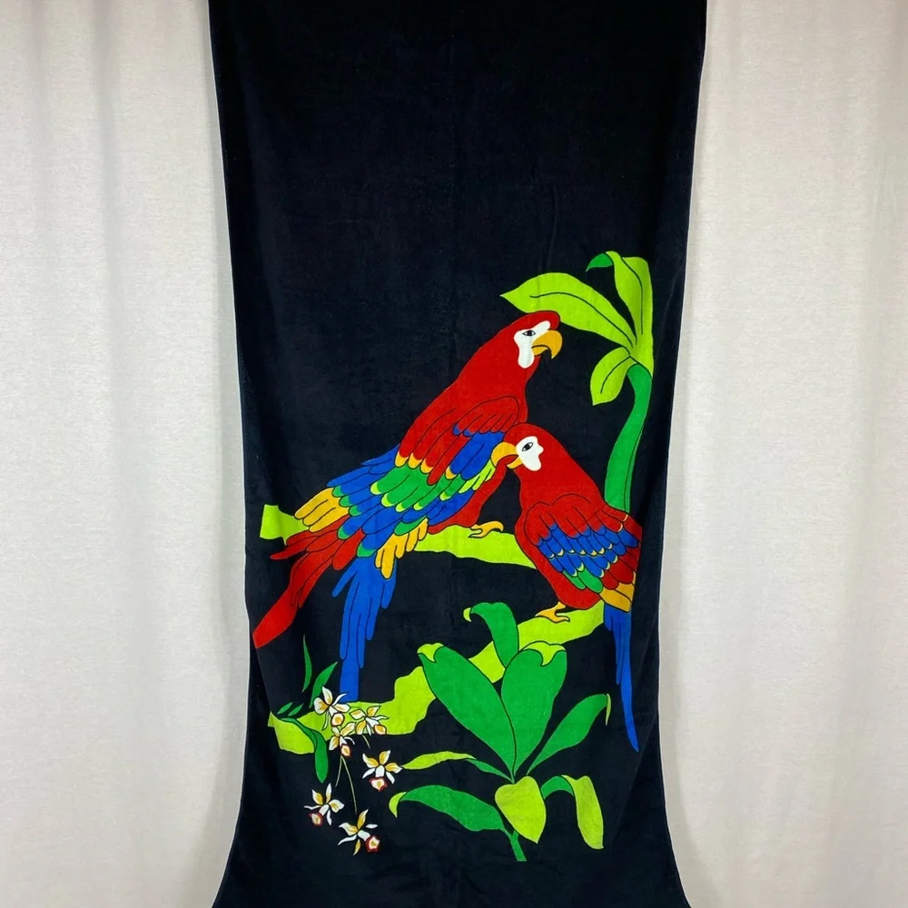 Vintage Tropical Parrot Print Black Beach Towel